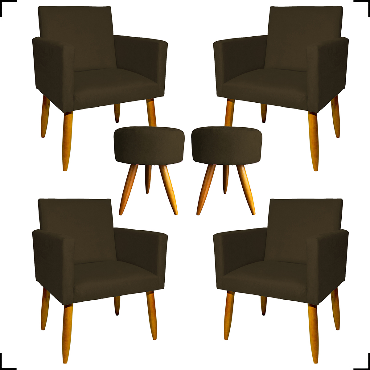 Kit 4 Poltronas Decorativas Para Sala Nina + 2 Puff Redondo Suede Marrom Pé Castanho - Clique E Decore