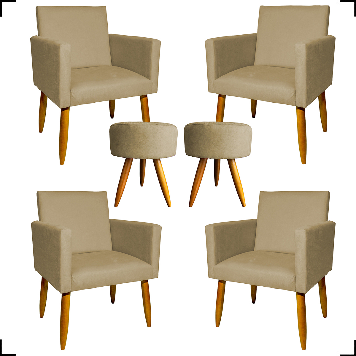 Kit 4 Poltronas Decorativas Para Sala Nina + 2 Puff Redondo Suede Nude Pé Castanho - Clique E Decore