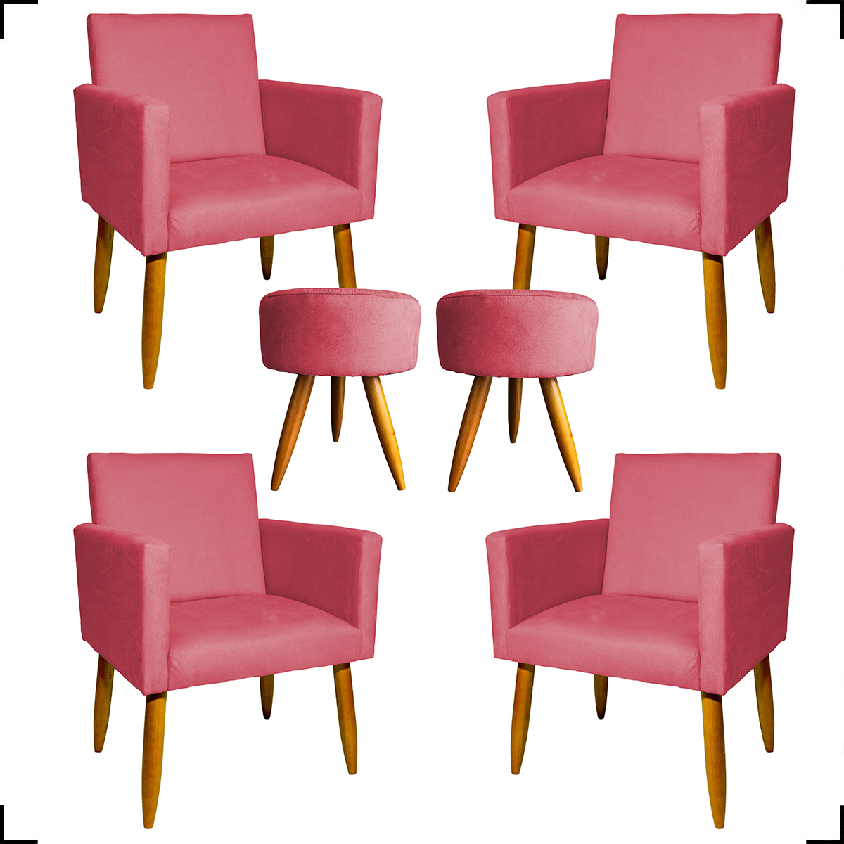 Kit 4 Poltronas Decorativas Para Sala Nina + 2 Puff Redondo Suede Rosê Pé Castanho - Clique E Decore