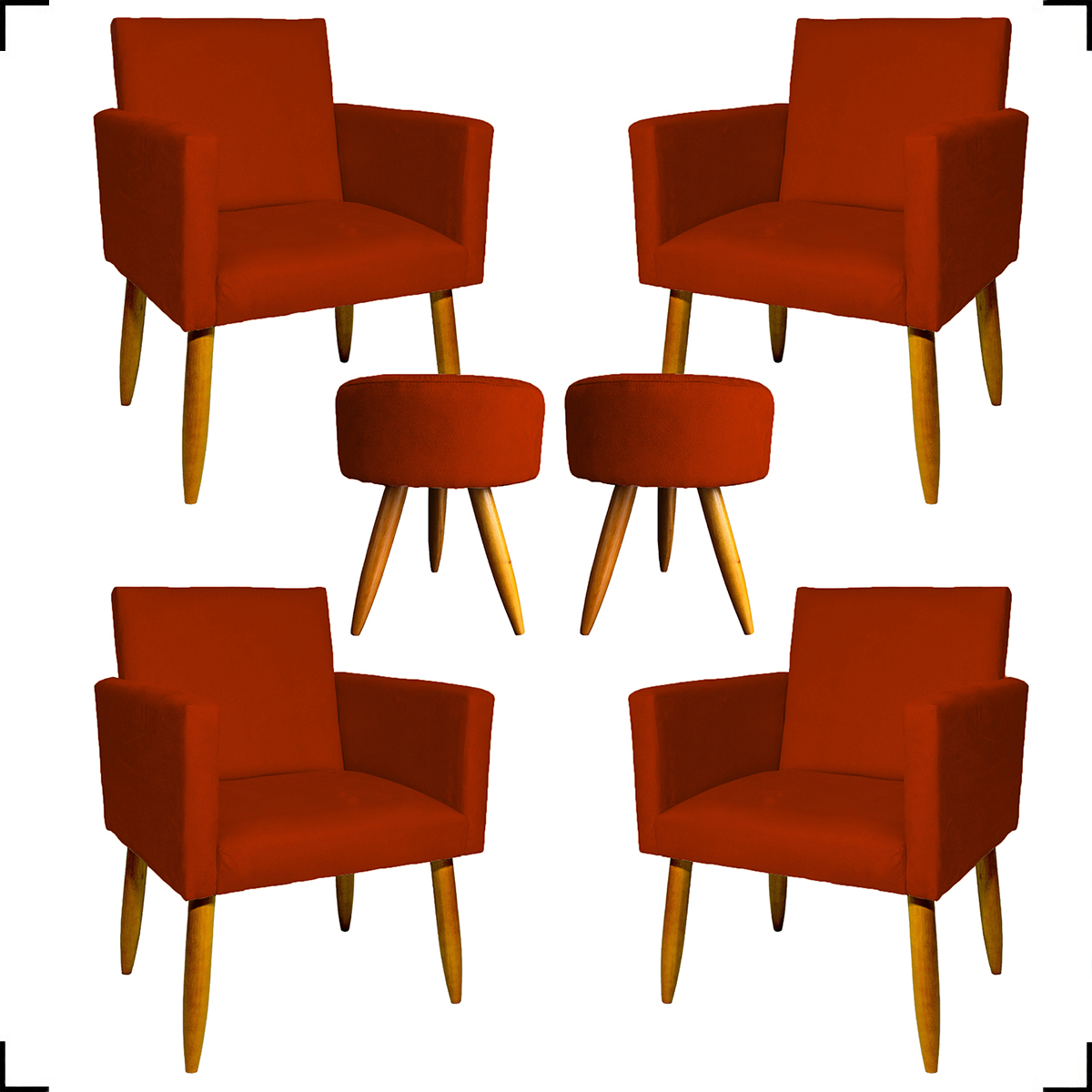 Kit 4 Poltronas Decorativas Para Sala Nina + 2 Puff Redondo Suede Terracota Pé Castanho - Clique E Decore
