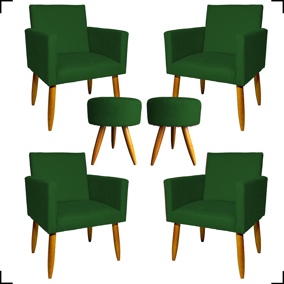 Kit 4 Poltronas Decorativas Para Sala Nina + 2 Puff Redondo Suede Verde Pé Castanho - Clique E Decore