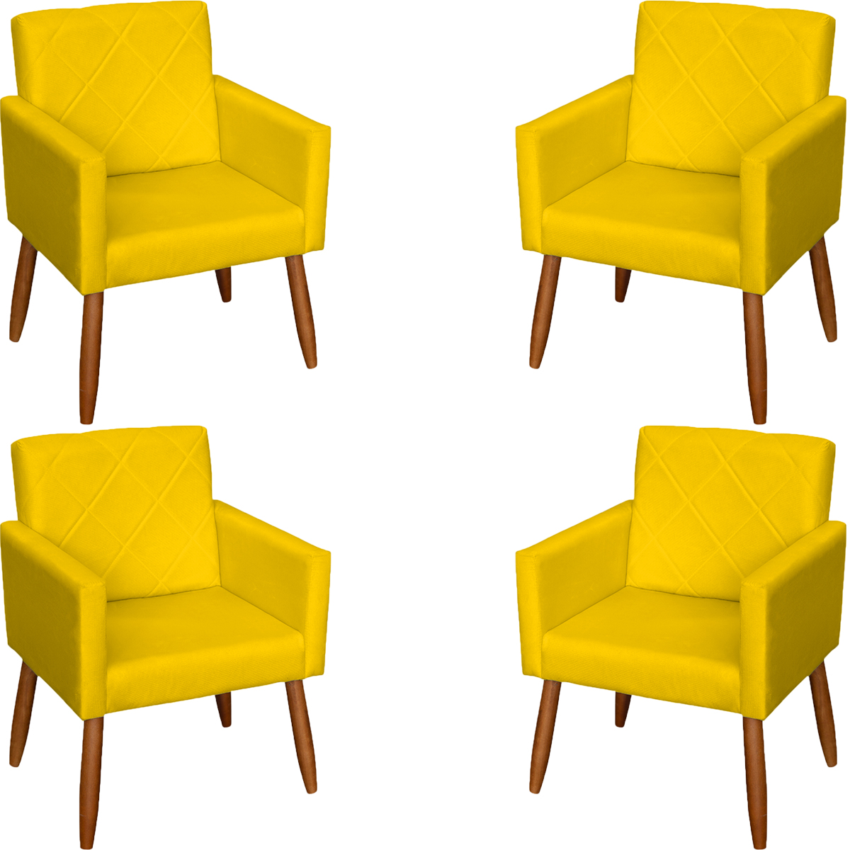 Kit 4 Poltronas Decorativas Para Sala, Escritório, Recepção Beatriz Suede Amarelo Pé Castanho - Clique E Decore