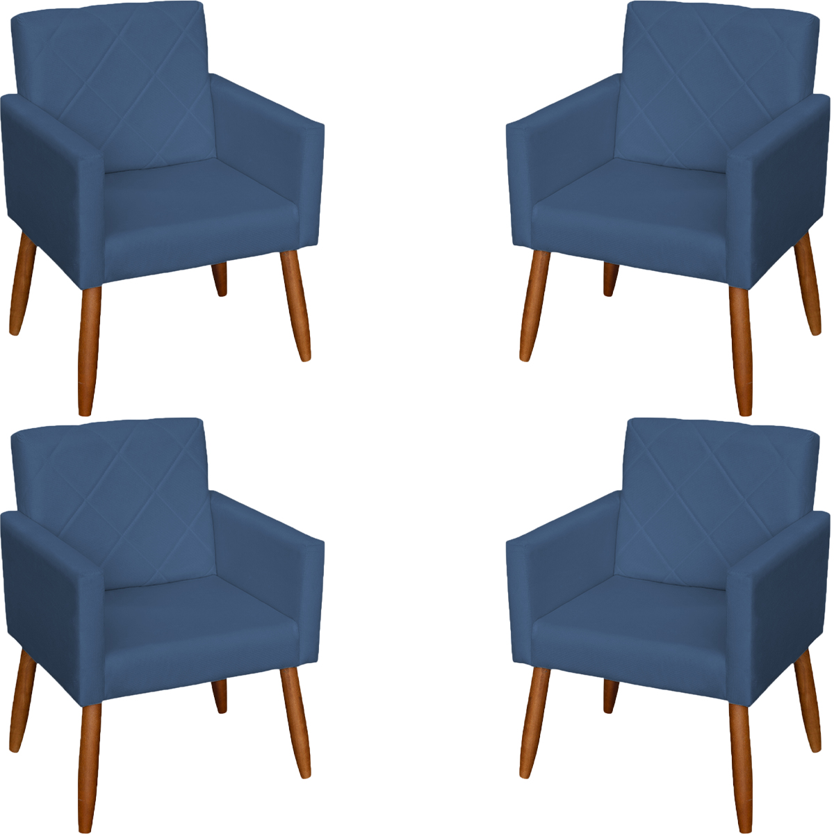 Kit 4 Poltronas Decorativas Para Sala, Escritório, Recepção Beatriz Suede Azul Marinho Pé Castanho - Clique E Decore
