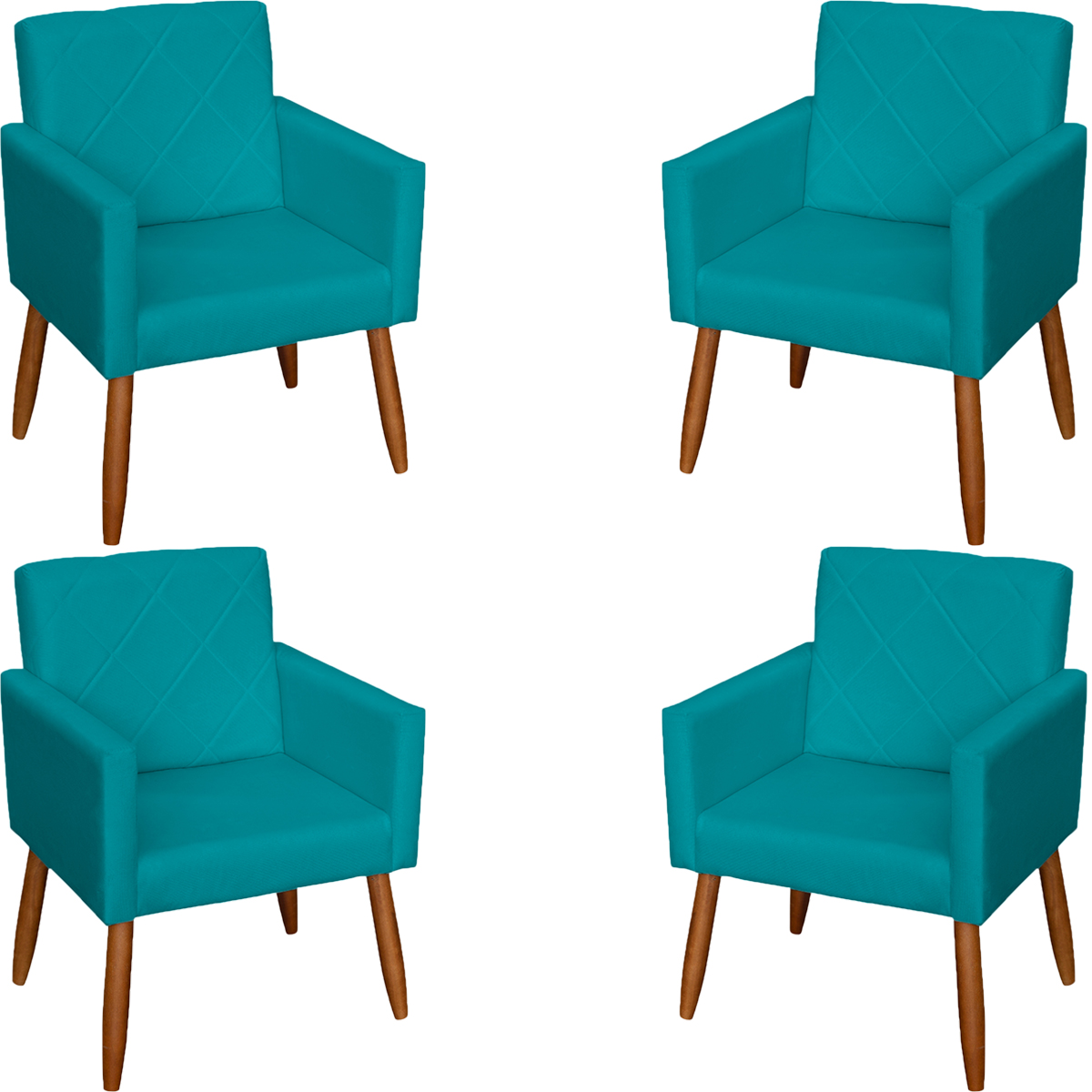 Kit 4 Poltronas Decorativas Para Sala, Escritório, Recepção Beatriz Suede Azul Turquesa Pé Castanho - Clique E Decore
