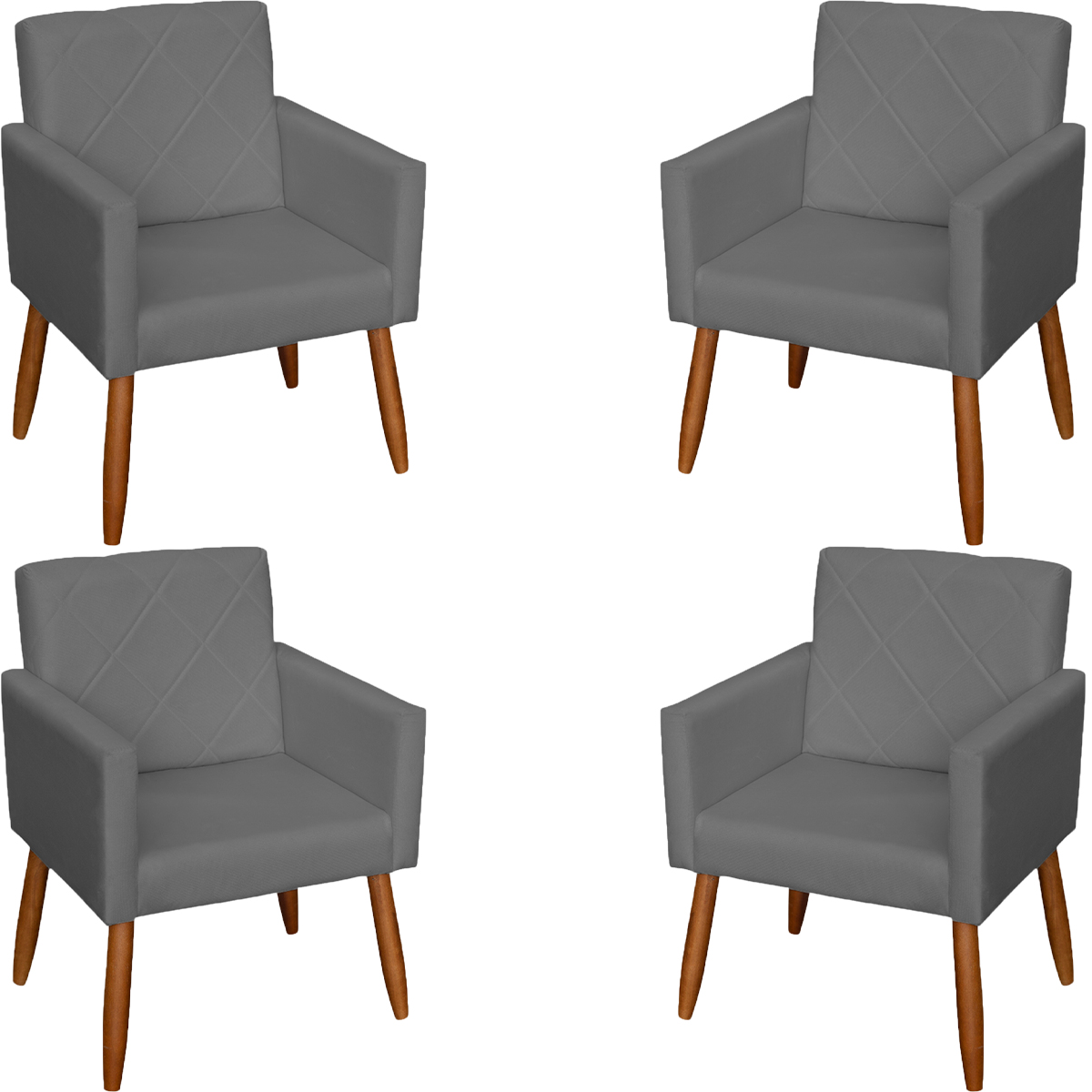 Kit 4 Poltronas Decorativas Para Sala, Escritório, Recepção Beatriz Suede Cinza Pé Castanho - Clique E Decore