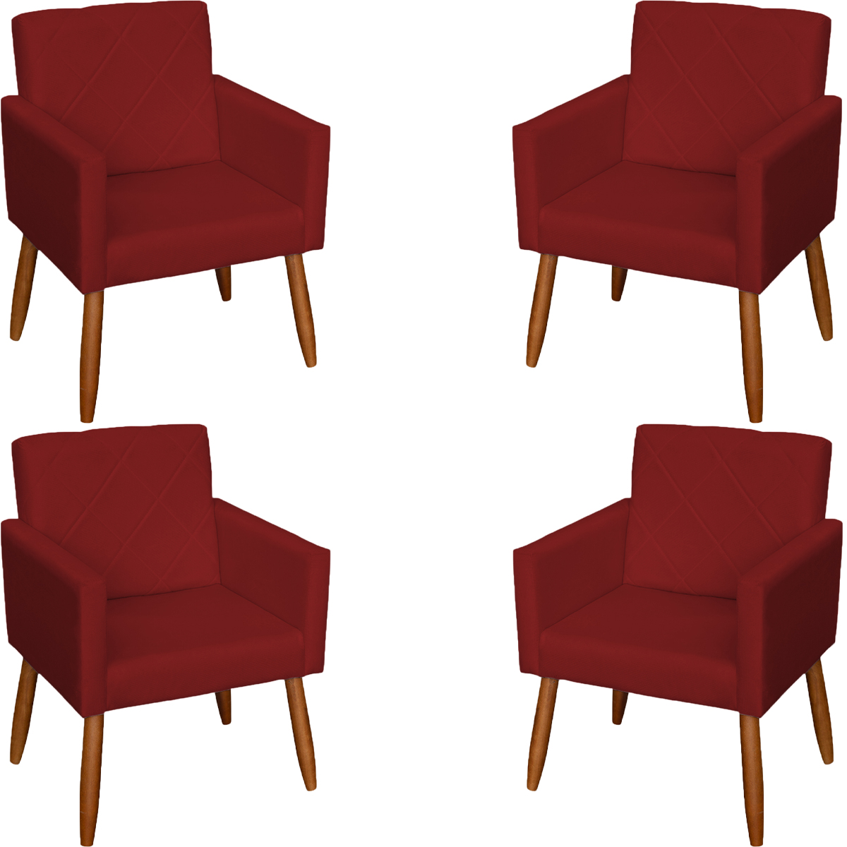 Kit 4 Poltronas Decorativas Para Sala, Escritório, Recepção Suede Bordô Pé Castanho - Clique E Decore