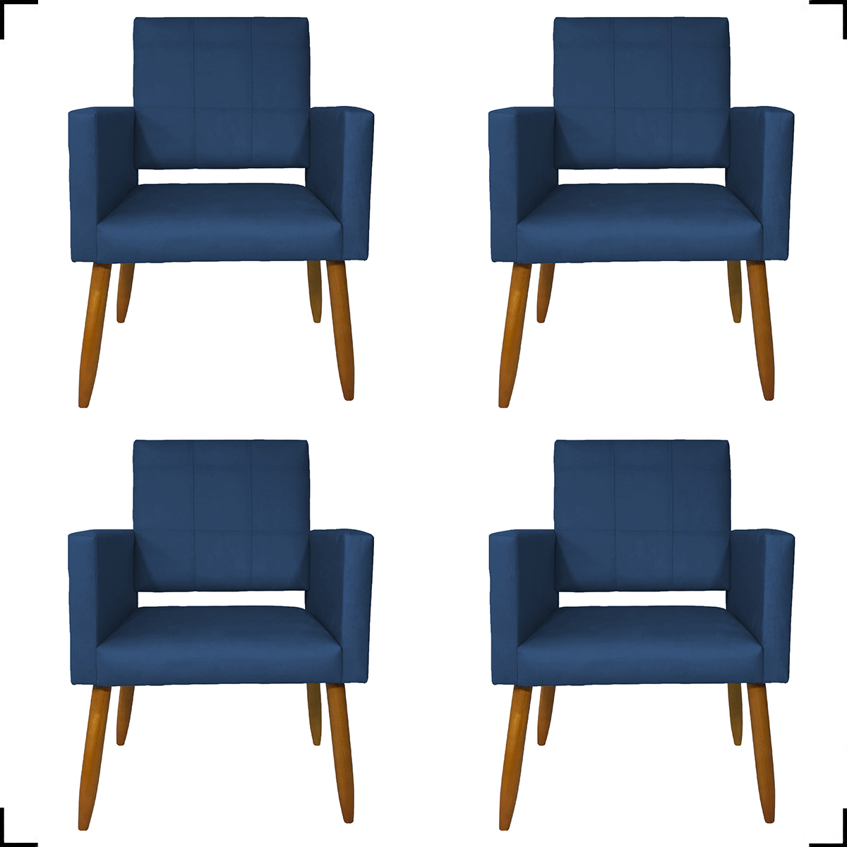 Kit 4 Poltronas Decorativas Para Sala, Manicure, Quarto Isa Suede Azul Marinho Pé Castanho - Clique E Decore