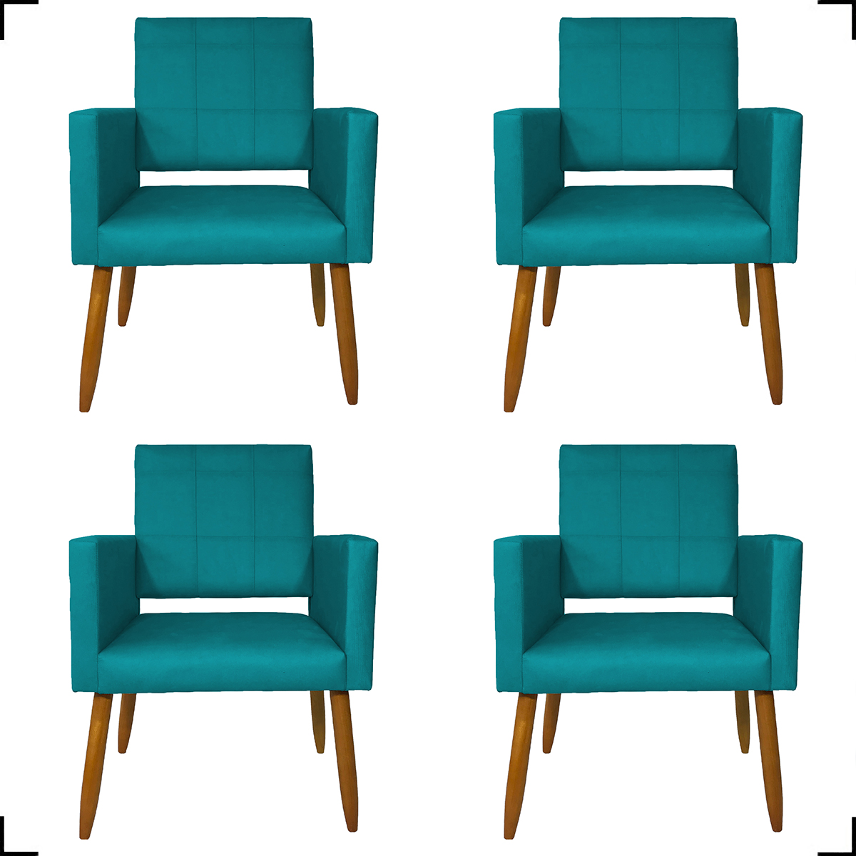 Kit 4 Poltronas Decorativas Para Sala, Manicure, Quarto Isa Suede Azul Turquesa Pé Castanho - Clique E Decore