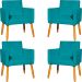 Kit 4 Poltronas Decorativas Para Sala, Manicure, Quarto, Nina Suede Azul Turquesa Pé Castanho - Clique E Decore