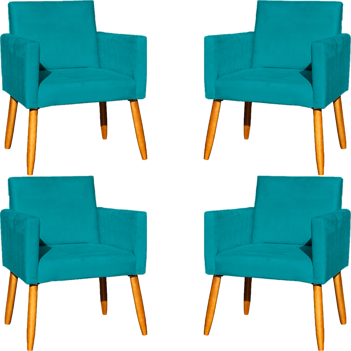 Kit 4 Poltronas Decorativas Para Sala, Manicure, Quarto, Nina Suede Azul Turquesa Pé Castanho - Clique E Decore