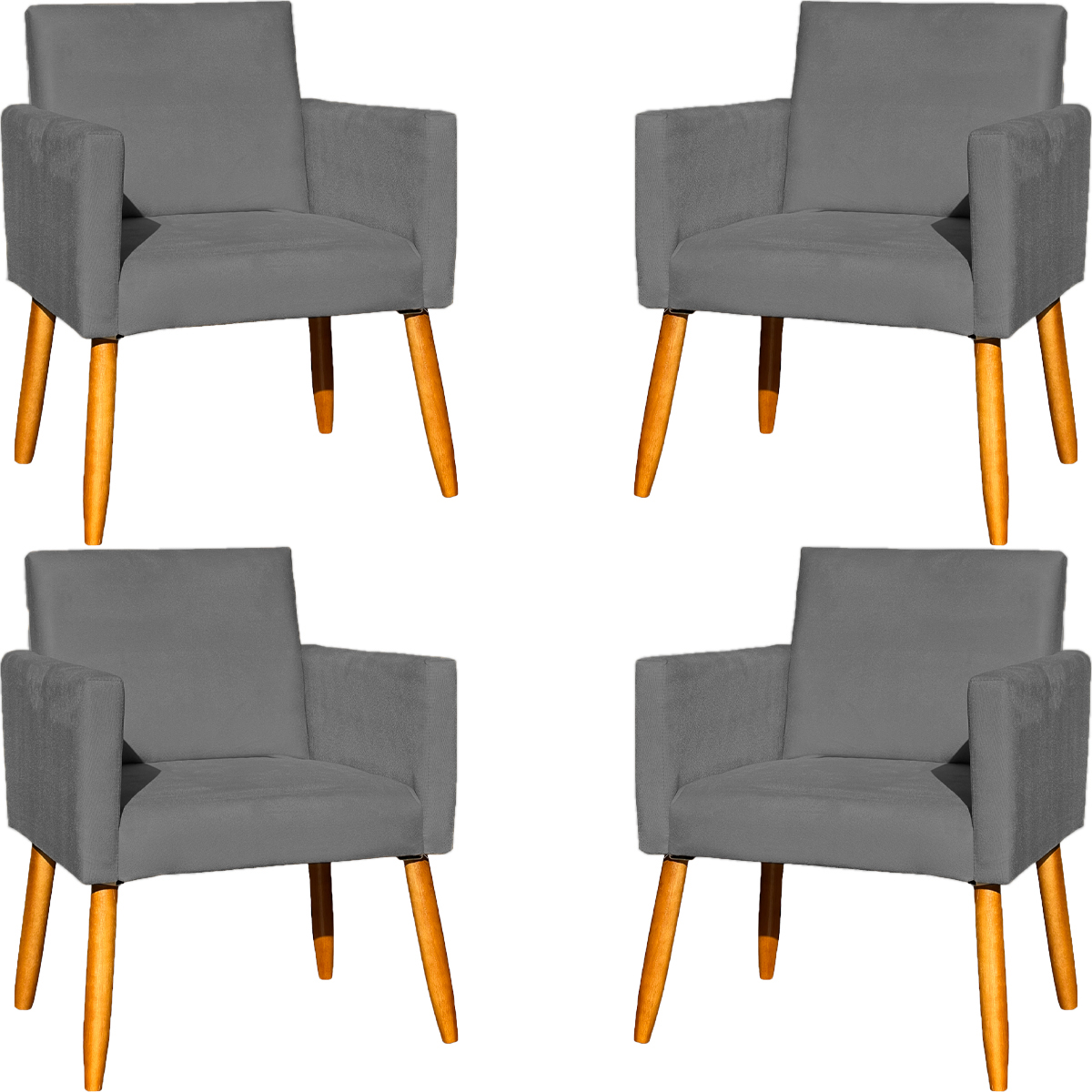 Kit 4 Poltronas Decorativas Para Sala, Manicure, Quarto, Nina Suede Cinza Pé Castanho - Clique E Decore