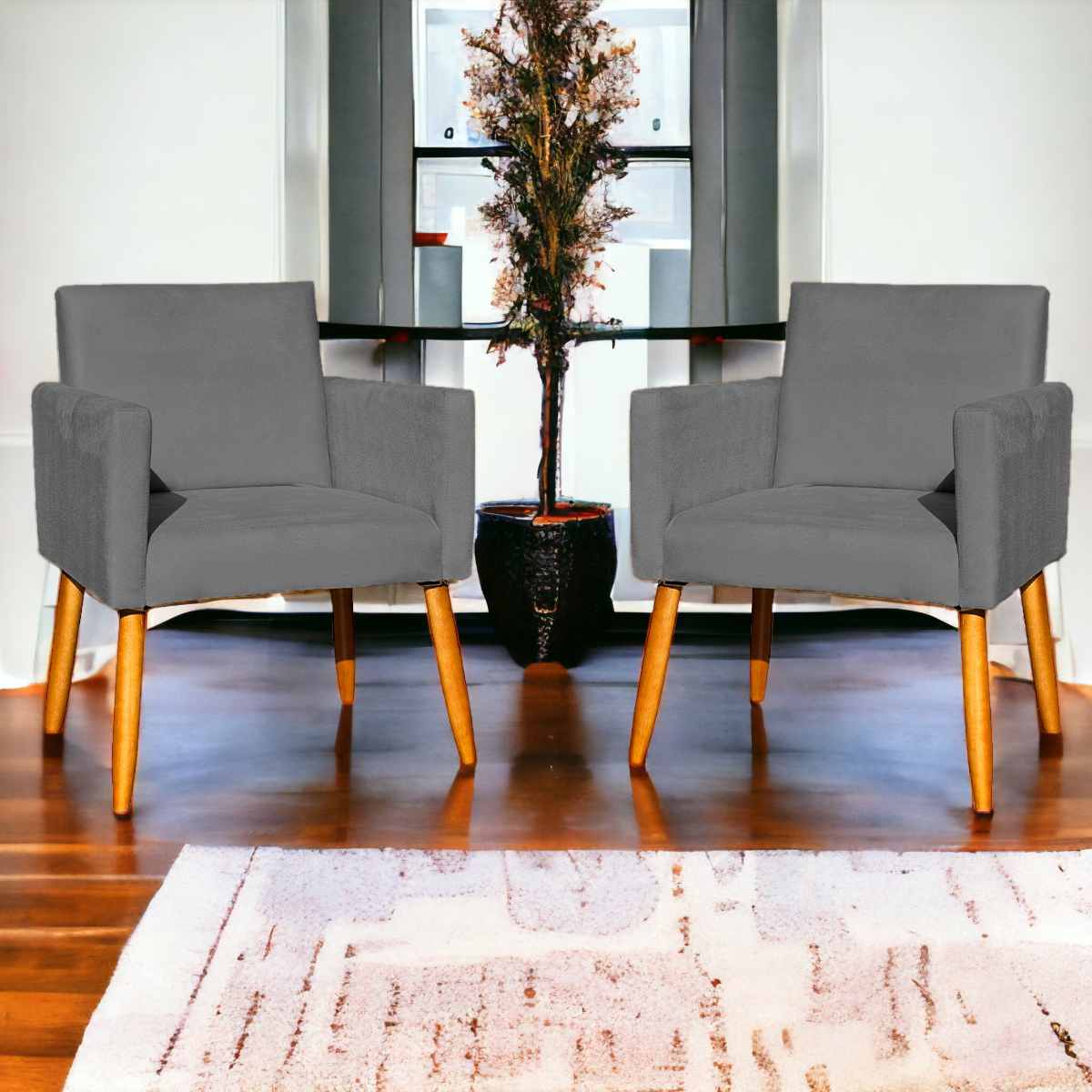 Kit 4 Poltronas Decorativas Para Sala, Manicure, Quarto, Nina Suede Cinza Pé Castanho - Clique E Decore