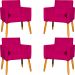 Kit 4 Poltronas Decorativas Para Sala, Manicure, Quarto, Nina Suede Pink Pé Castanho - Clique E Decore