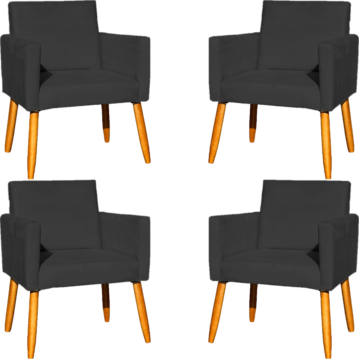 Kit 4 Poltronas Decorativas Para Sala, Manicure, Quarto, Nina Suede Preto Pé Castanho - Clique E Decore
