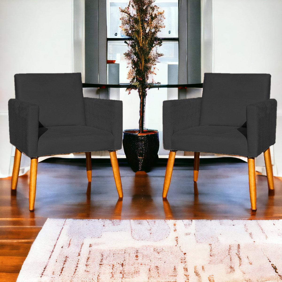 Kit 4 Poltronas Decorativas Para Sala, Manicure, Quarto, Nina Suede Preto Pé Castanho - Clique E Decore