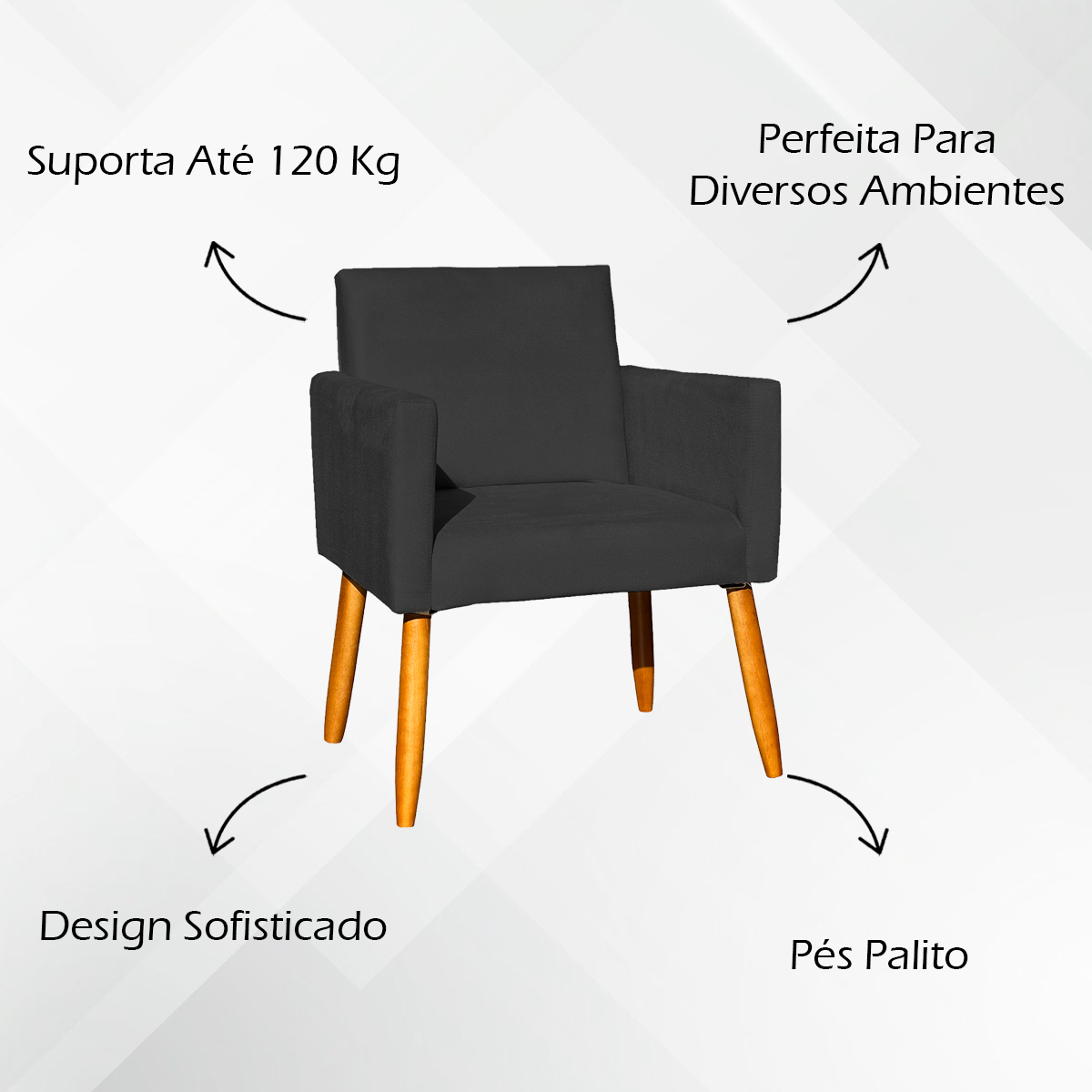Kit 4 Poltronas Decorativas Para Sala, Manicure, Quarto, Nina Suede Preto Pé Castanho - Clique E Decore
