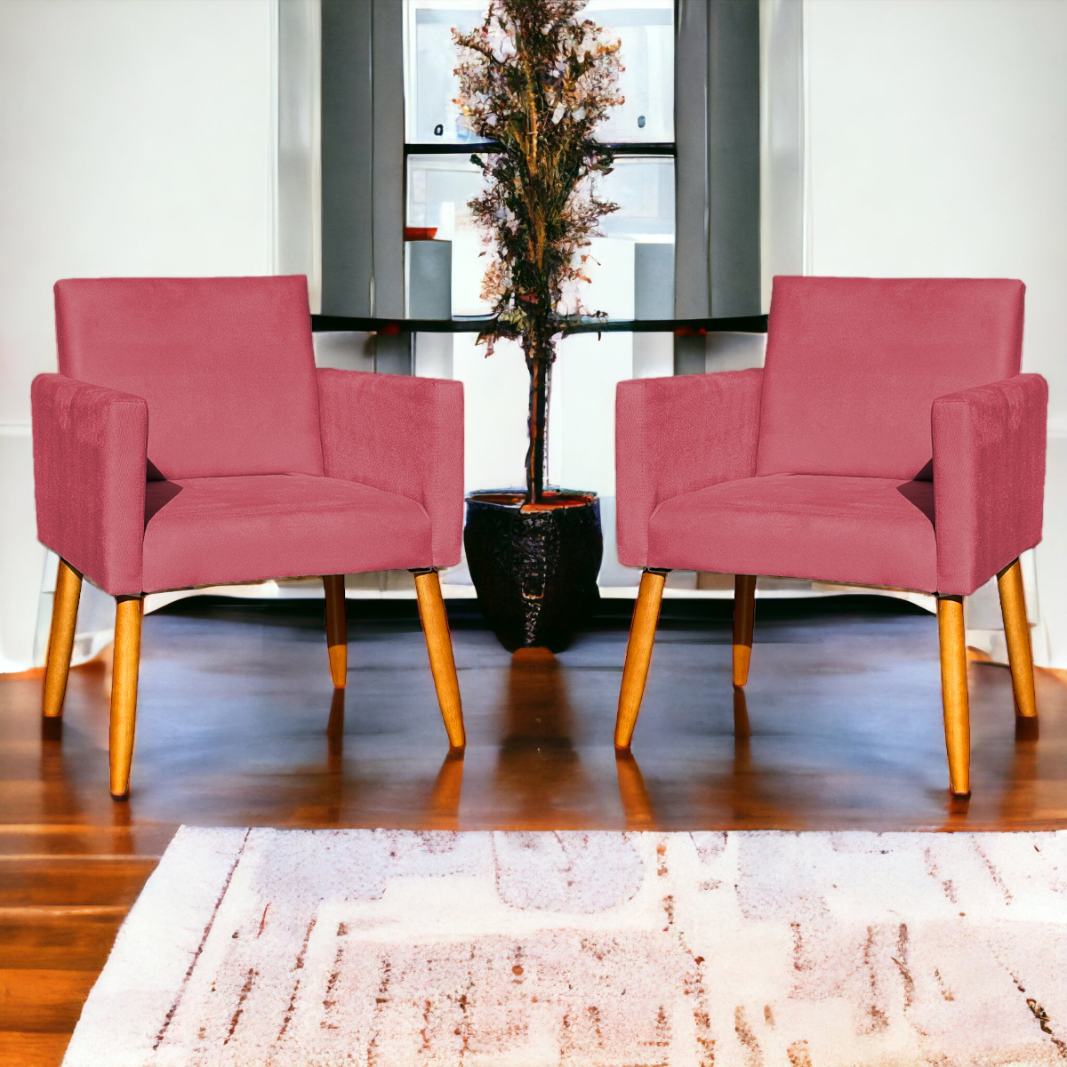 Kit 4 Poltronas Decorativas Para Sala, Manicure, Quarto, Nina Suede Rosê Pé Castanho - Clique E Decore