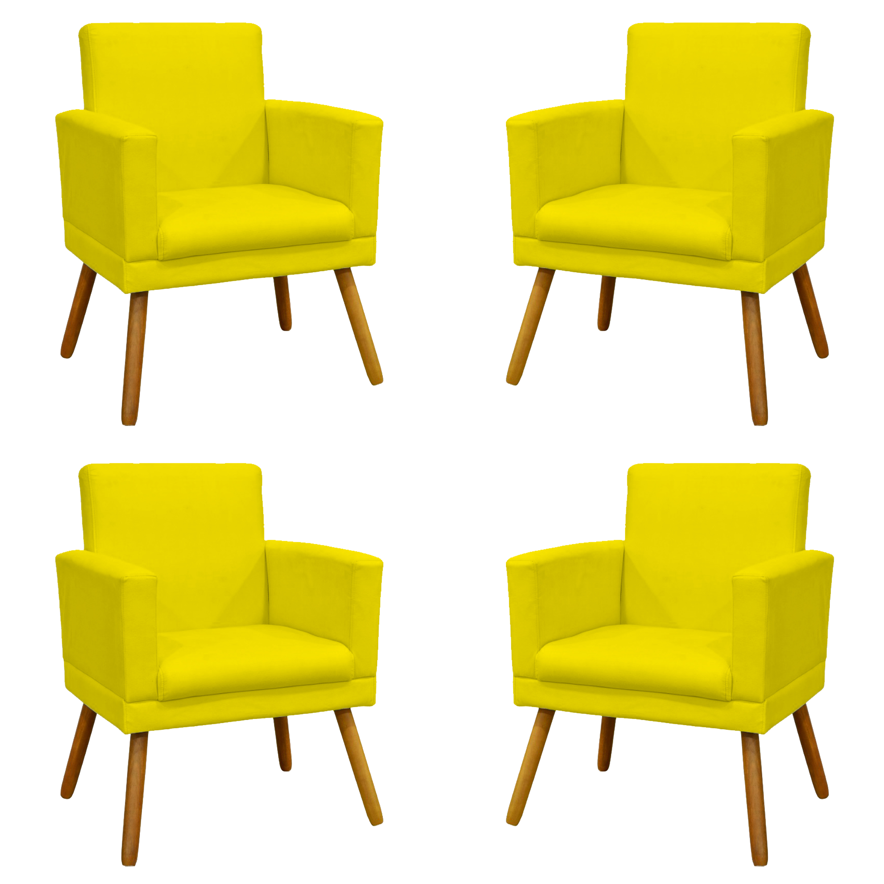 Kit 4 Poltronas Decorativas Reforçadas Para Sala Nina Com Base Suede Amarelo Pé Castanho - Clique E Decore