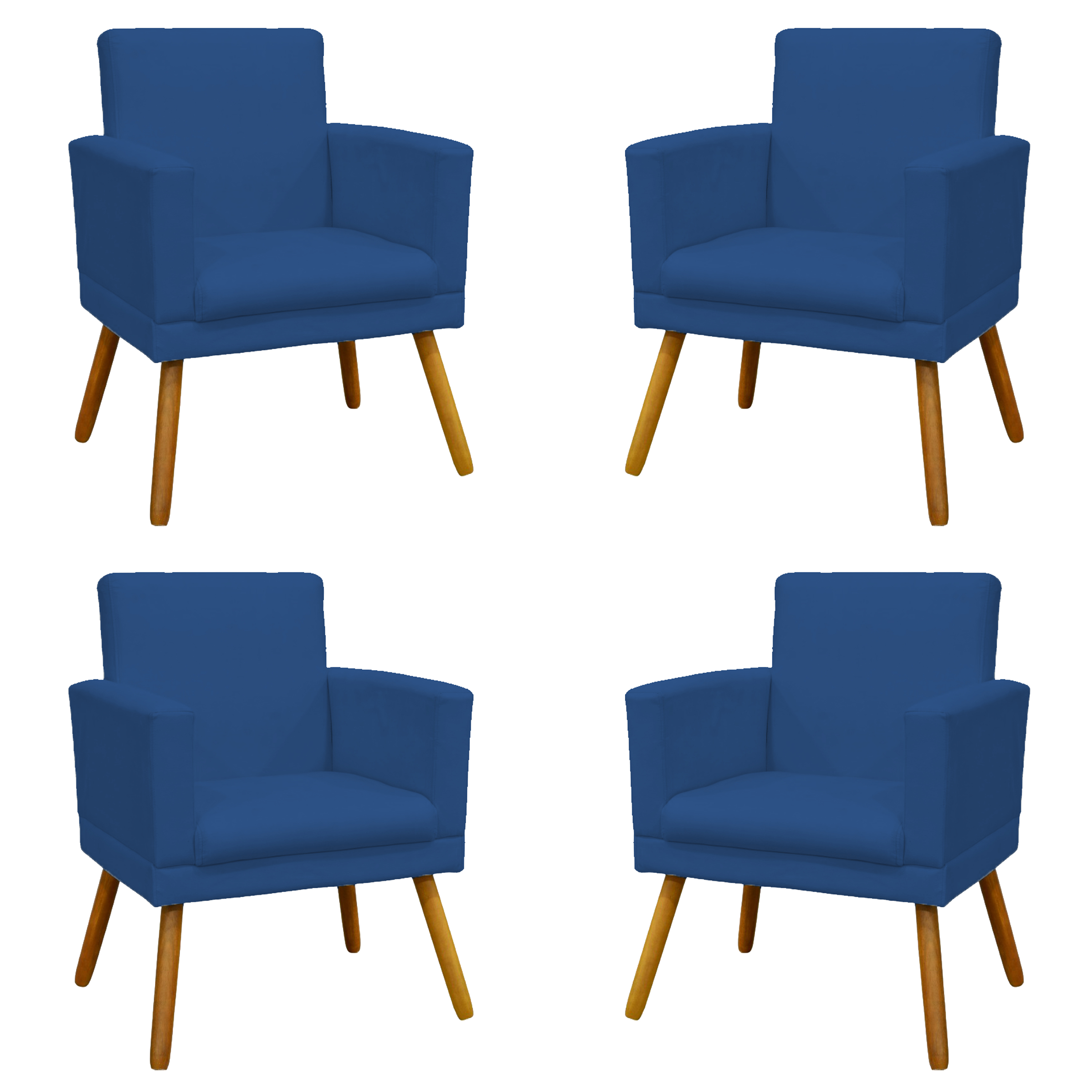 Kit 4 Poltronas Decorativas Reforçadas Para Sala Nina Com Base Suede Azul Marinho Pé Castanho - Clique E Decore