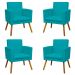 Kit 4 Poltronas Decorativas Reforçadas Para Sala Nina Com Base Suede Azul Turquesa Pé Castanho - Clique E Decore