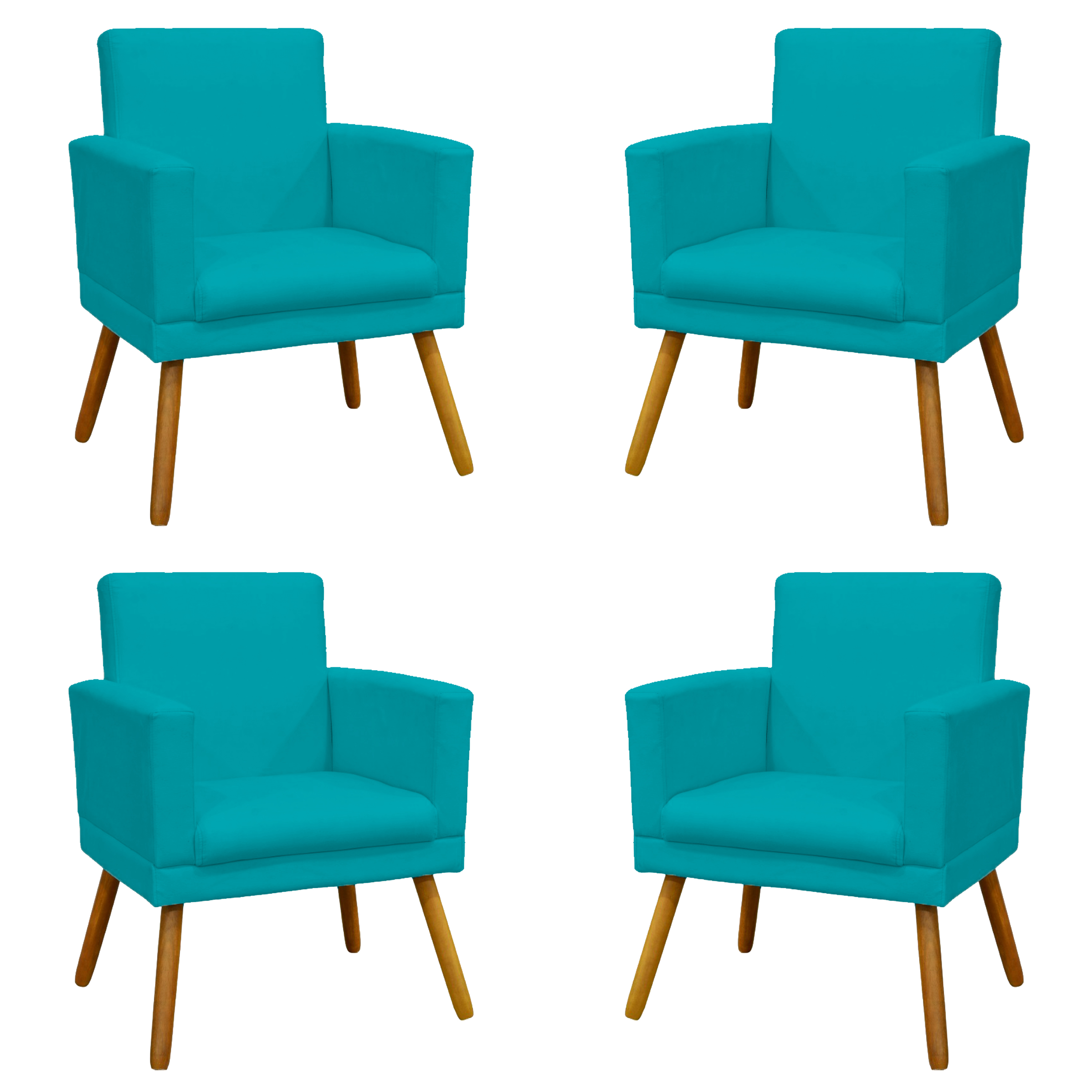 Kit 4 Poltronas Decorativas Reforçadas Para Sala Nina Com Base Suede Azul Turquesa Pé Castanho - Clique E Decore
