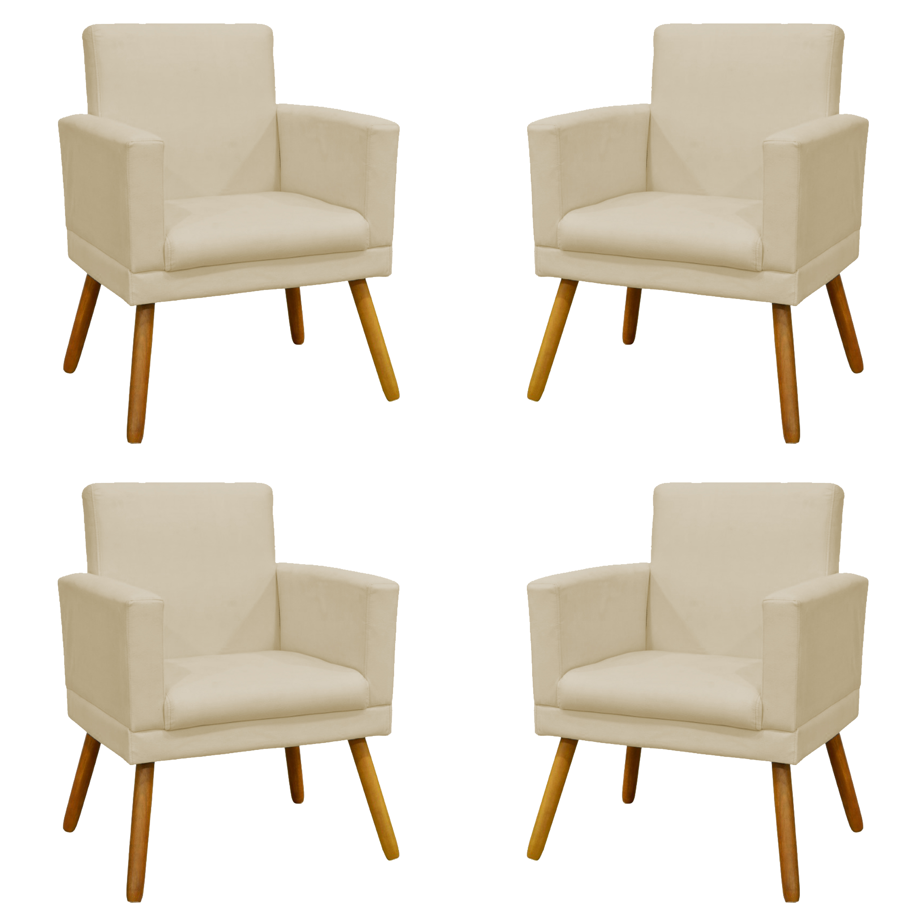 Kit 4 Poltronas Decorativas Reforçadas Para Sala Nina Com Base Suede Bege Pé Castanho - Clique E Decore