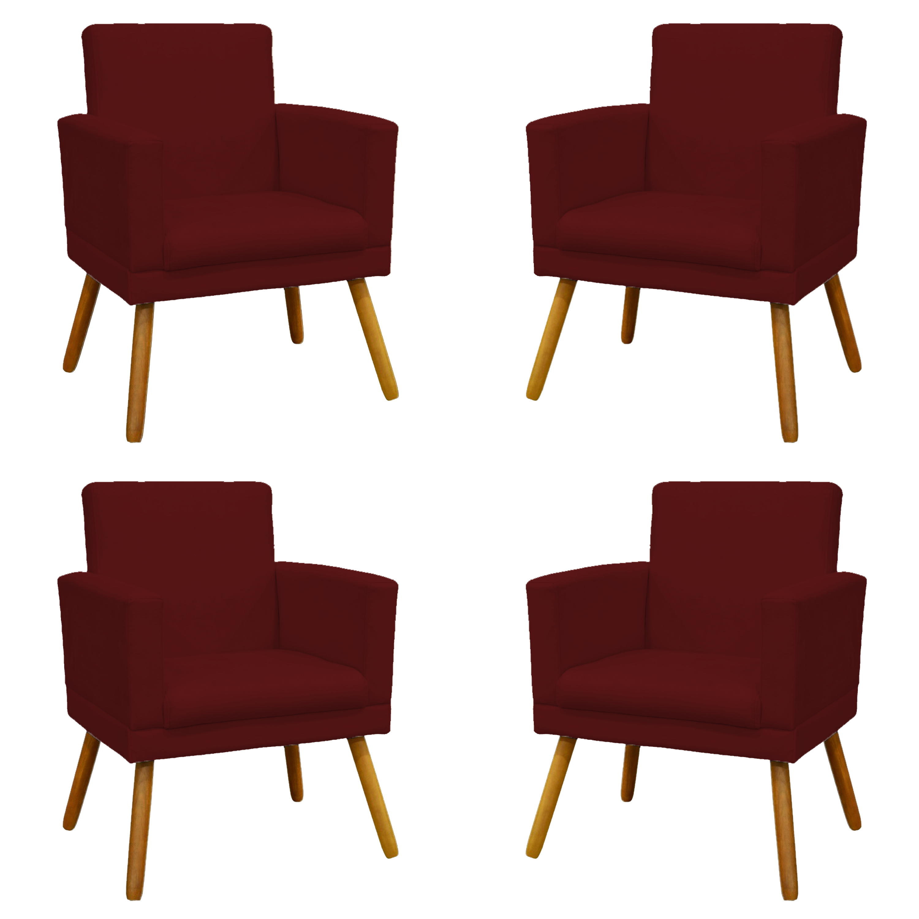 Kit 4 Poltronas Decorativas Reforçadas Para Sala Nina Com Base Suede Bordô Pé Castanho - Clique E Decore