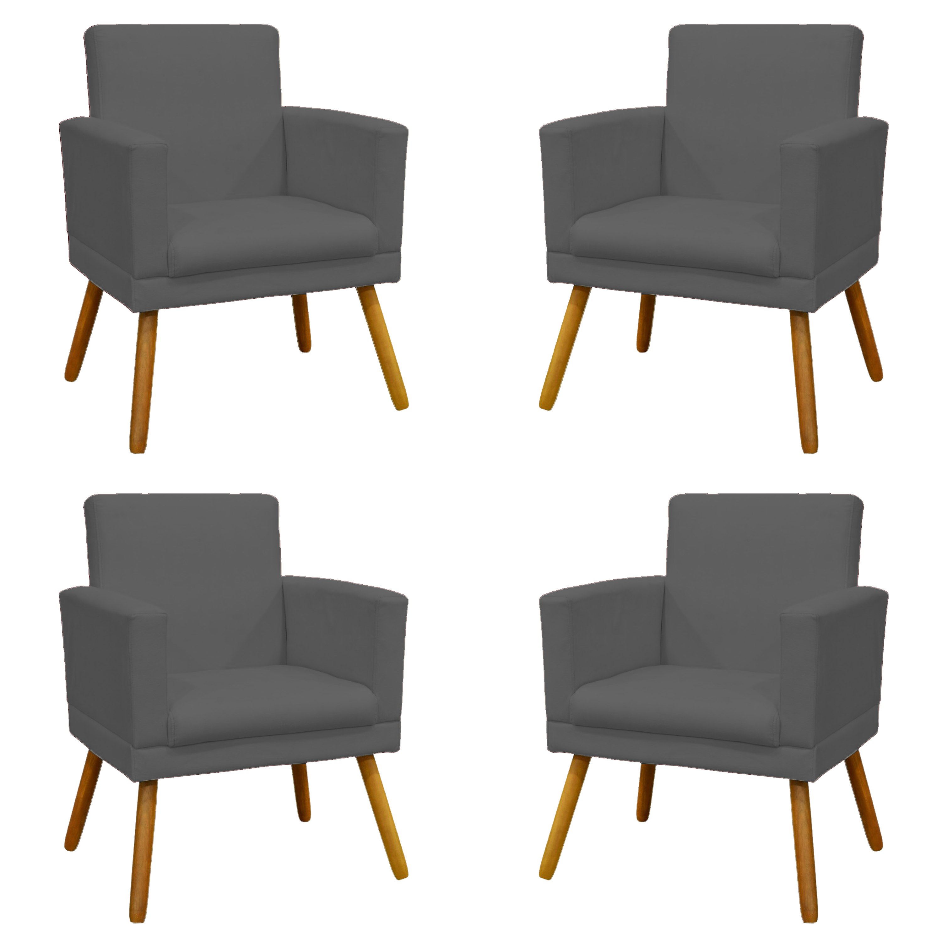 Kit 4 Poltronas Decorativas Reforçadas Para Sala Nina Com Base Suede Cinza Pé Castanho - Clique E Decore