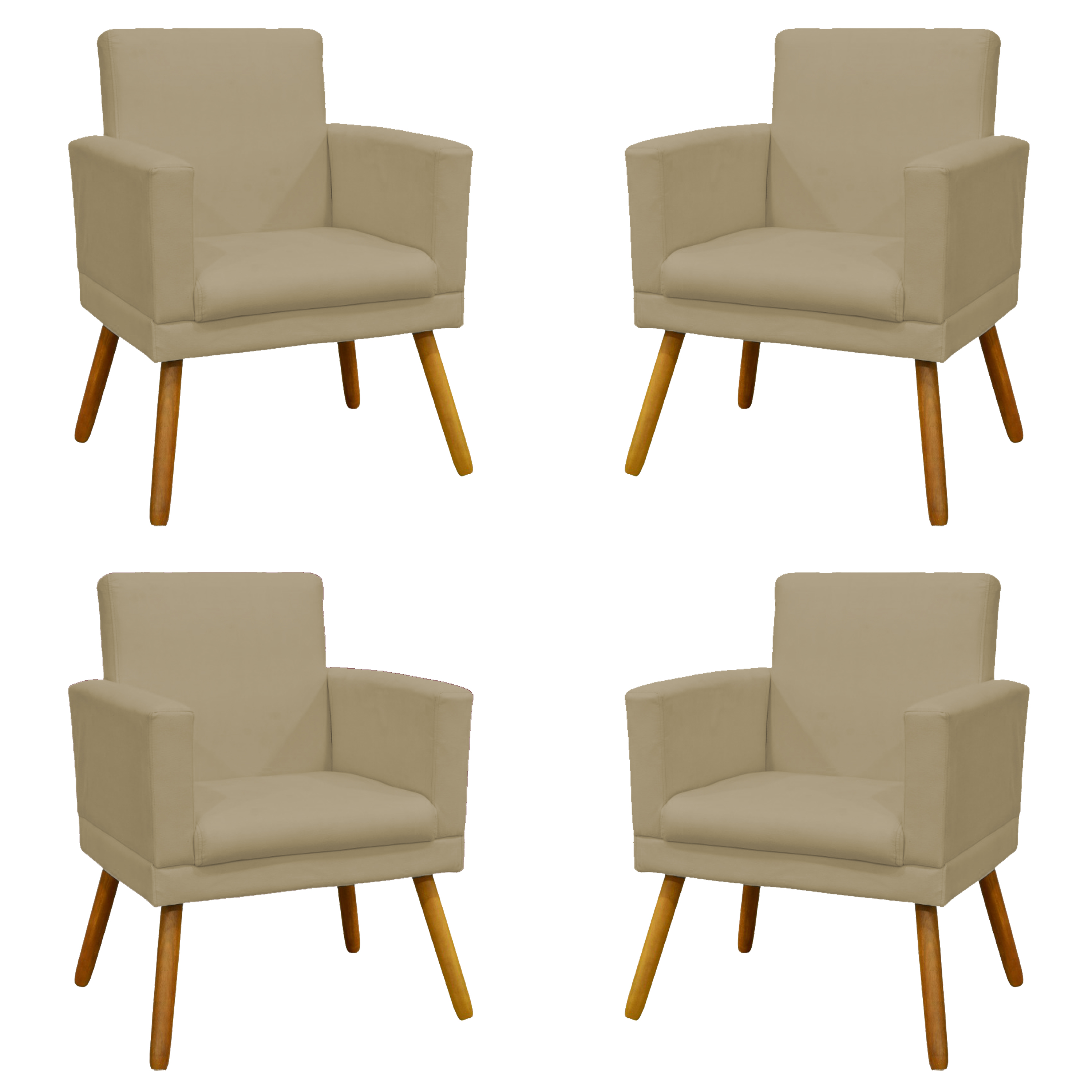 Kit 4 Poltronas Decorativas Reforçadas Para Sala Nina Com Base Suede Nude Pé Castanho - Clique E Decore