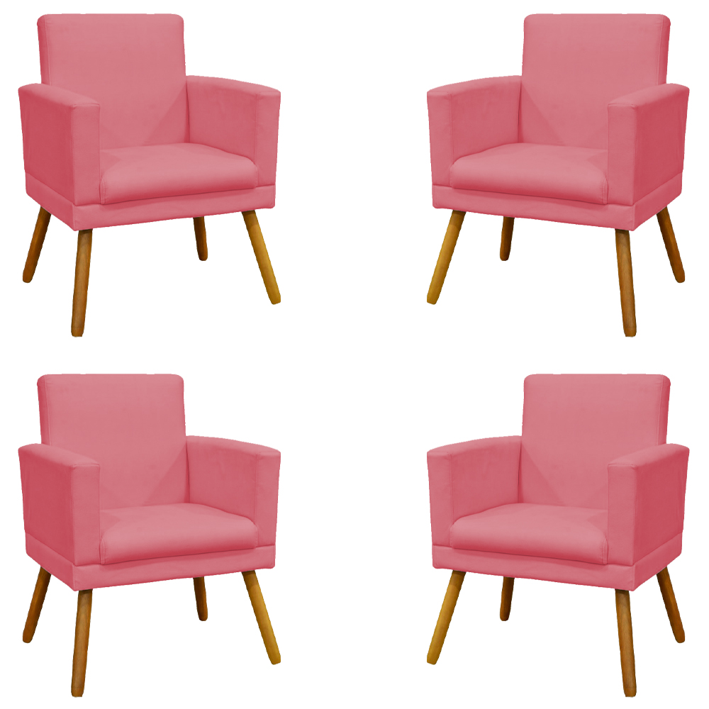 Kit 4 Poltronas Decorativas Reforçadas Para Sala Nina Com Base Suede Rosê Pé Castanho - Clique E Decore