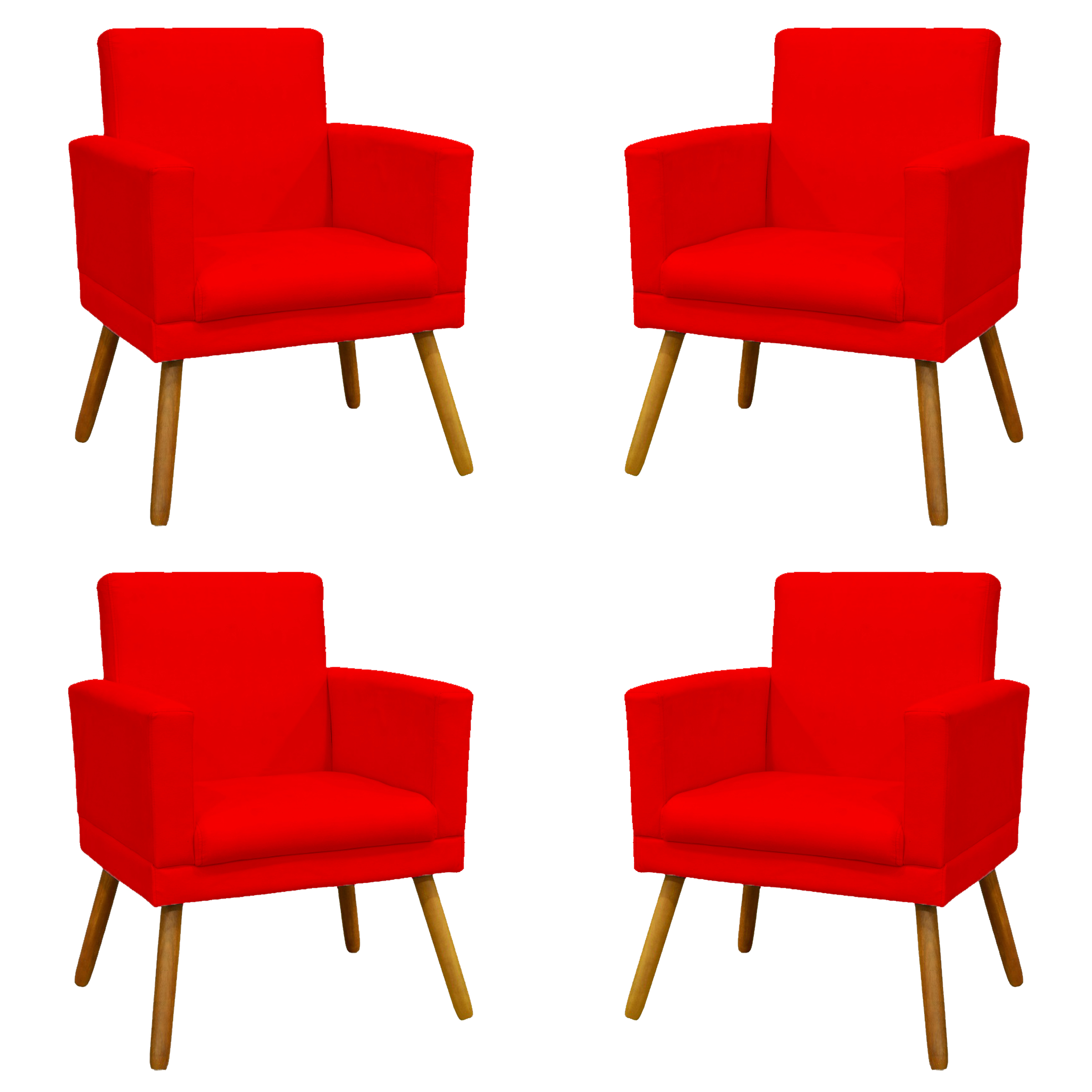 Kit 4 Poltronas Decorativas Reforçadas Para Sala Nina Com Base Suede Vermelho Pé Castanho - Clique E Decore
