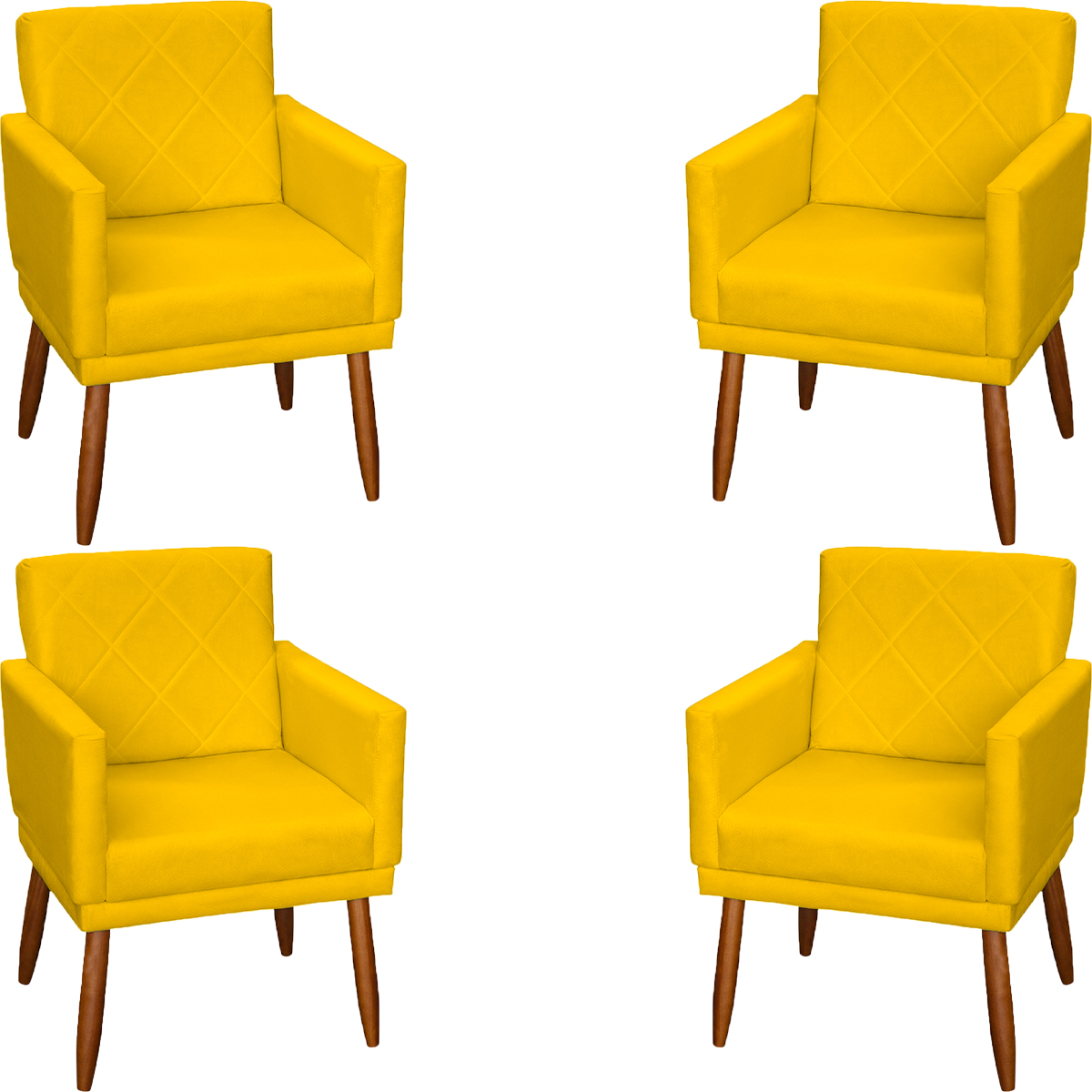 Kit 4 Poltronas Para Sala Decorativas E Confortáveis Beatriz Com Base Suede Amarelo Pé Castanho - Clique E Decore