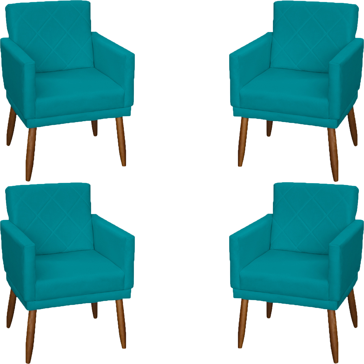 Kit 4 Poltronas Para Sala Decorativas E Confortáveis Beatriz Com Base Suede Azul Turquesa Pé Castanho - Clique E Decore