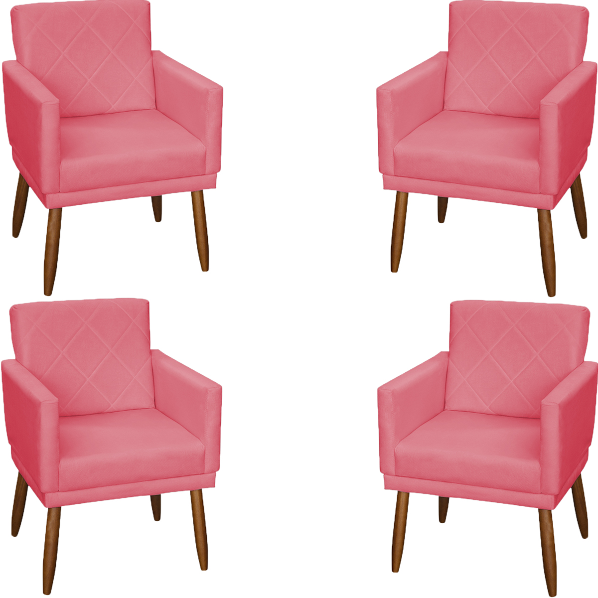 Kit 4 Poltronas Para Sala Decorativas E Confortáveis Beatriz Com Base Suede Rosê Pé Castanho - Clique E Decore