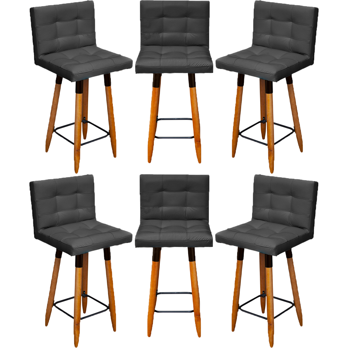 Kit 6 Banquetas Grace Alta Para Areá Gourmet Corino Preto Pé Castanho - Clique E Decore