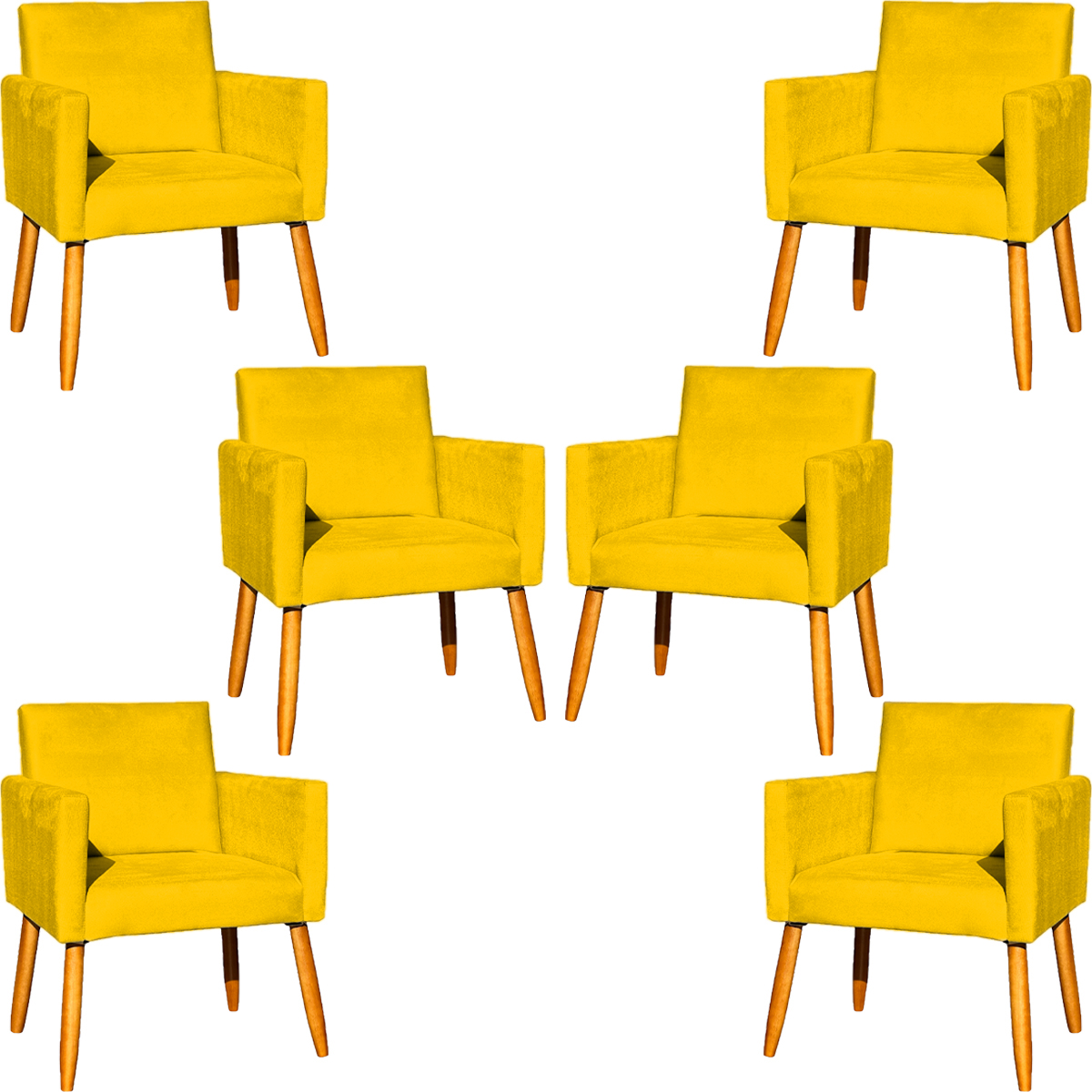 Kit 6 Poltronas Decorativas Confortáveis Para Sala Nina Suede Amarelo Pé Castanho - Clique E Decore