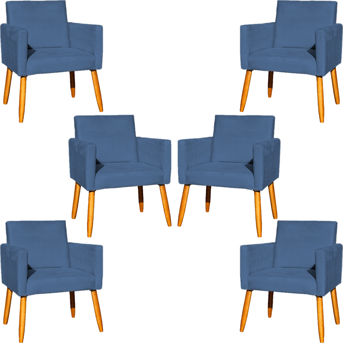 Kit 6 Poltronas Decorativas Confortáveis Para Sala Nina Suede Azul Marinho Pé Castanho - Clique E Decore