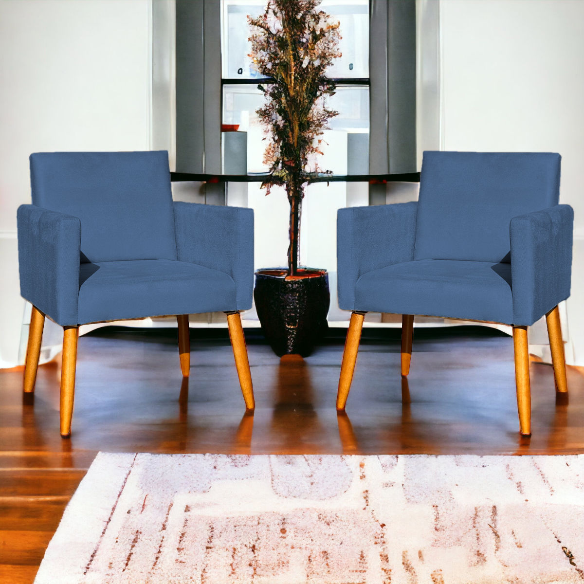 Kit 6 Poltronas Decorativas Confortáveis Para Sala Nina Suede Azul Marinho Pé Castanho - Clique E Decore