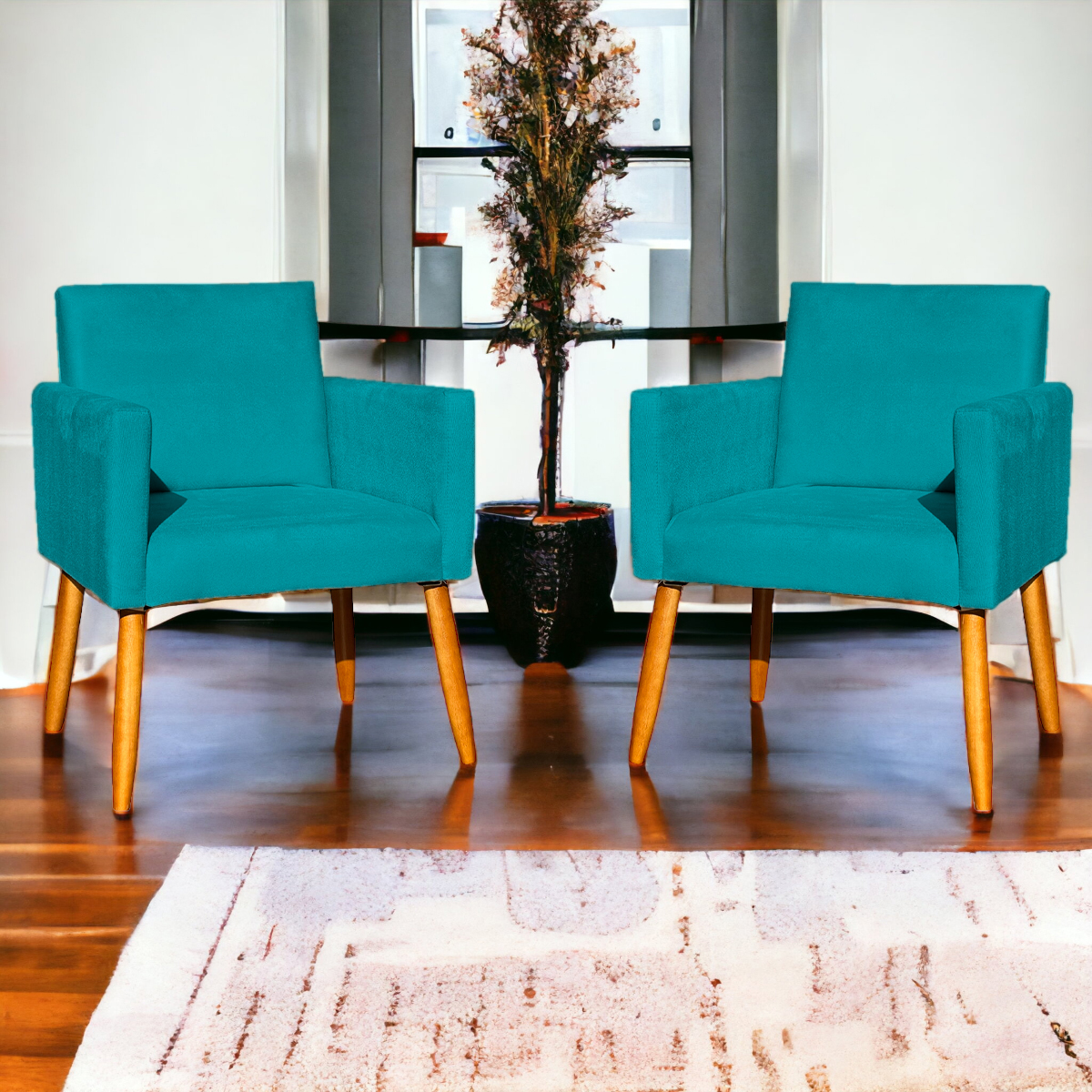 Kit 6 Poltronas Decorativas Confortáveis Para Sala Nina Suede Azul Turquesa Pé Castanho - Clique E Decore