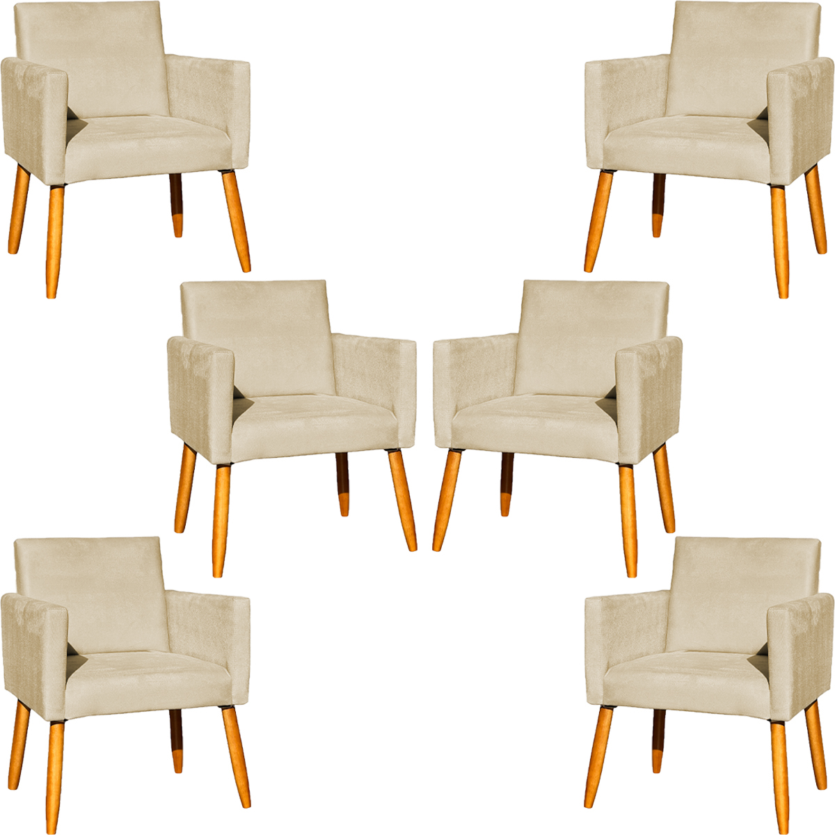 Kit 6 Poltronas Decorativas Confortáveis Para Sala Nina Suede Bege Pé Castanho - Clique E Decore