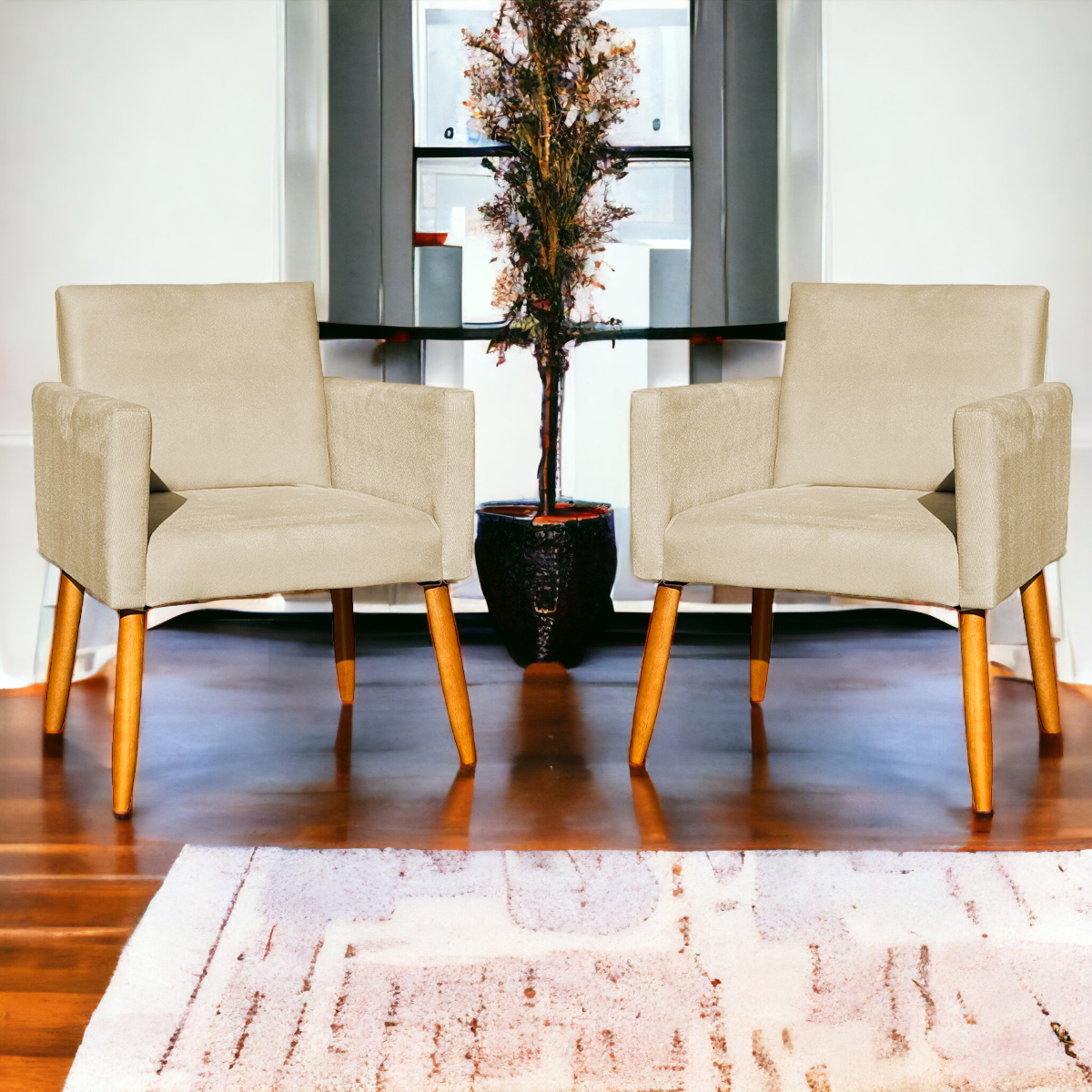 Kit 6 Poltronas Decorativas Confortáveis Para Sala Nina Suede Bege Pé Castanho - Clique E Decore