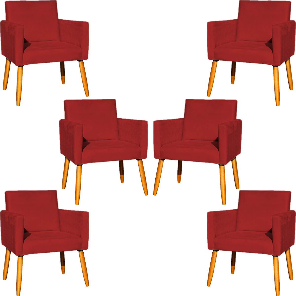 Kit 6 Poltronas Decorativas Confortáveis Para Sala Nina Suede Bordô Pé Castanho - Clique E Decore