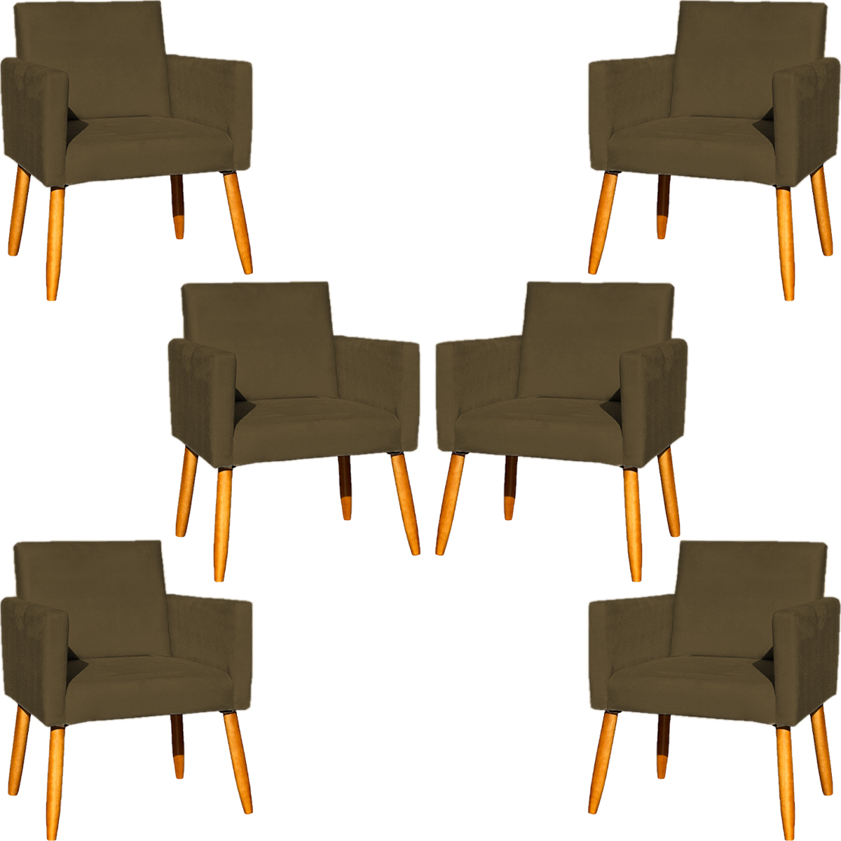 Kit 6 Poltronas Decorativas Confortáveis Para Sala Nina Suede Marrom Pé Castanho - Clique E Decore