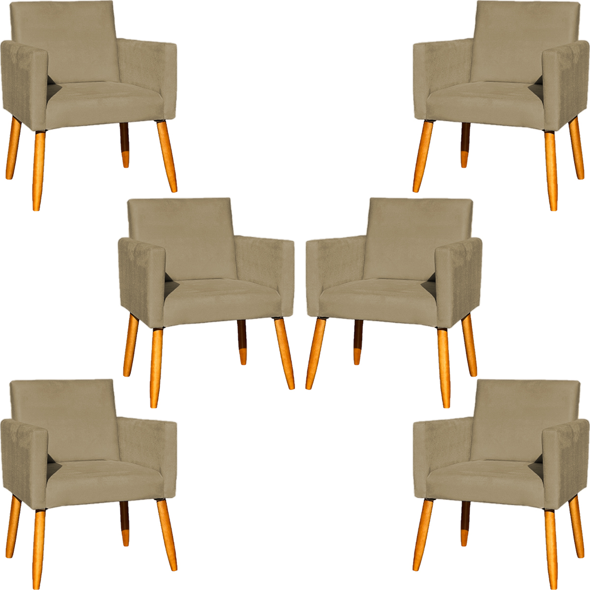 Kit 6 Poltronas Decorativas Confortáveis Para Sala Nina Suede Nude Pé Castanho - Clique E Decore