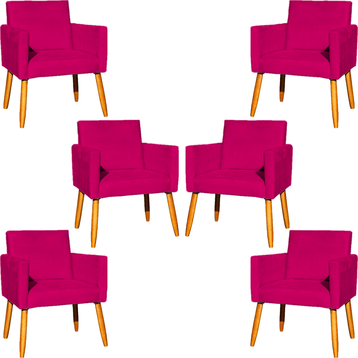 Kit 6 Poltronas Decorativas Confortáveis Para Sala Nina Suede Pink Pé Castanho - Clique E Decore