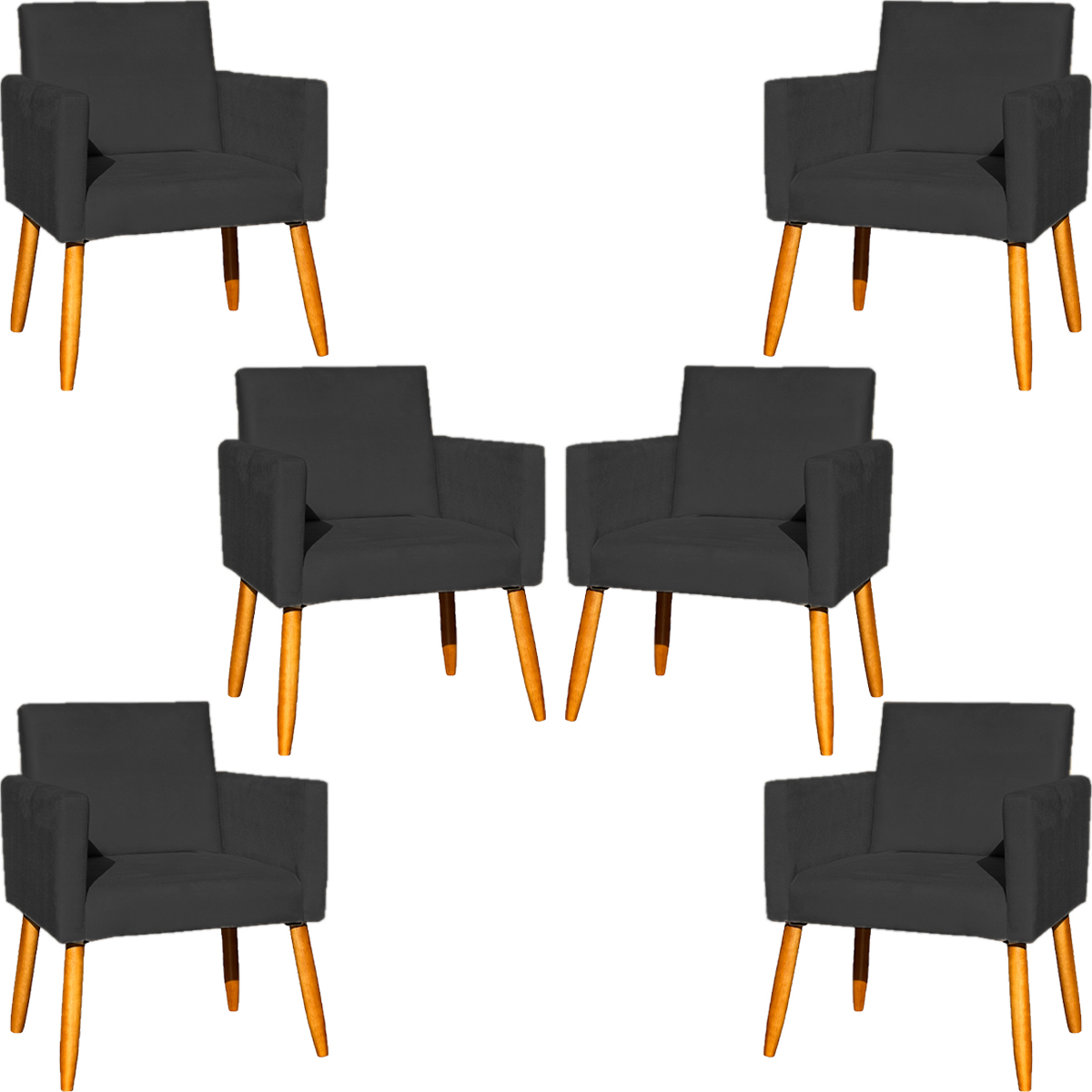 Kit 6 Poltronas Decorativas Confortáveis Para Sala Nina Suede Preto Pé Castanho - Clique E Decore