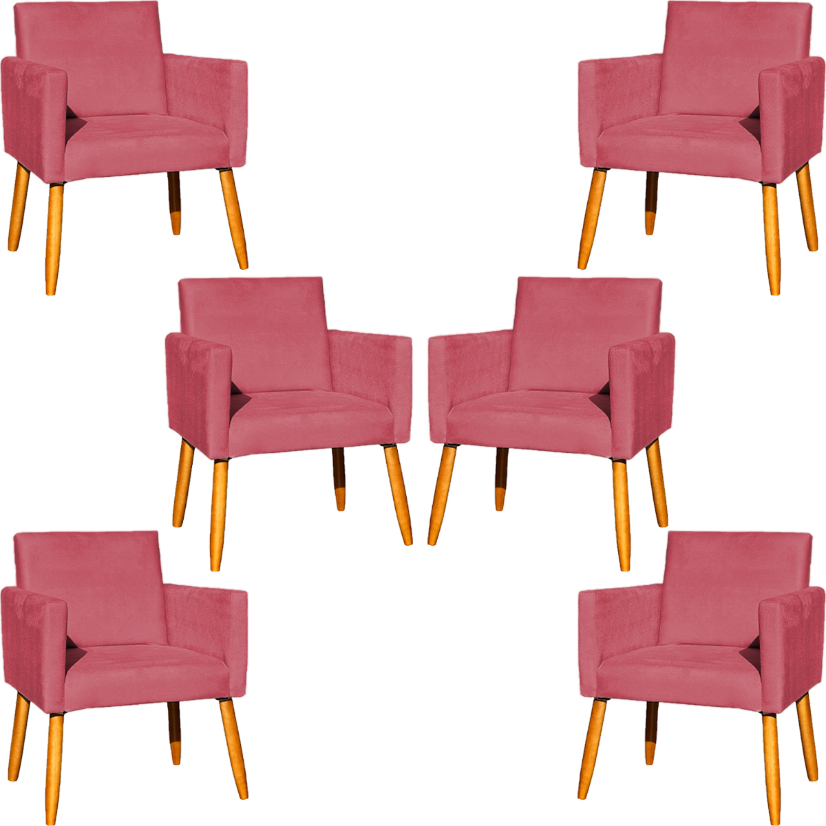 Kit 6 Poltronas Decorativas Confortáveis Para Sala Nina Suede Rosê Pé Castanho - Clique E Decore
