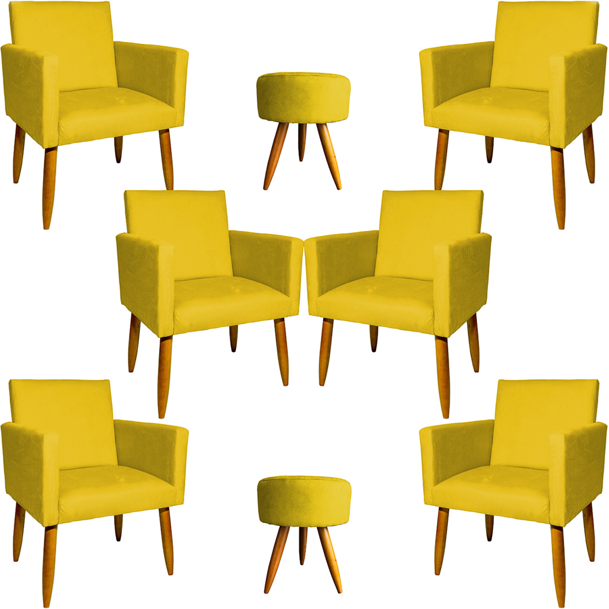Kit 6 Poltronas Decorativas Para Sala, Recepção Nina + 2 Puff Redondo Suede Amarelo Pé Castanho - Clique E Decore