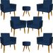 Kit 6 Poltronas Decorativas Para Sala, Recepção Nina + 2 Puff Redondo Suede Azul Marinho Pé Castanho - Clique E Decore