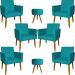 Kit 6 Poltronas Decorativas Para Sala, Recepção Nina + 2 Puff Redondo Suede Azul Turquesa Pé Castanho - Clique E Decore